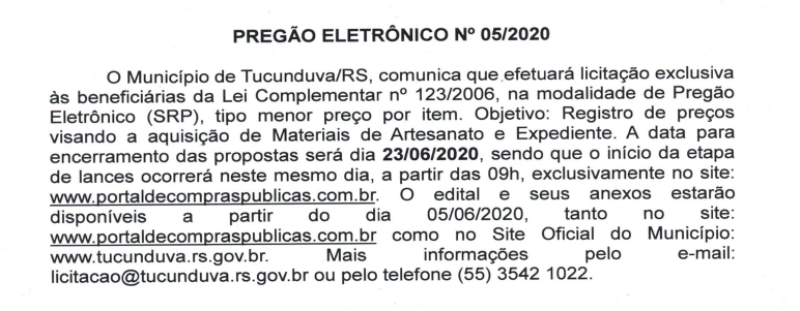 AVISO PE Nº 05/2020 SRP PARA AQUISIÇÃO DE MATERIAL PARA ARTESANATO